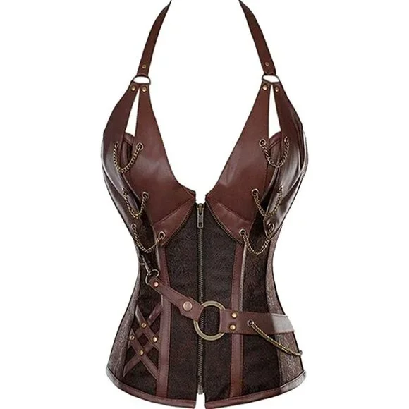 Steampunk Corset Top Steel Boned Underbust Renaissance Brown Leather Cosplay NWT - Picture 5 of 11
